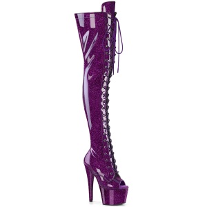 Glitter 18 cm PEEP TOE Violet thigh high boots with laces high heels