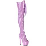 Glitter 18 cm PEEP TOE purple thigh high boots with laces high heels