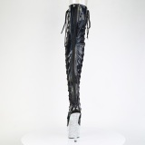 Rhinestones 18 cm open toe Black thigh high boots with laces high heels