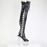 Rhinestones 18 cm open toe Black thigh high boots with laces high heels