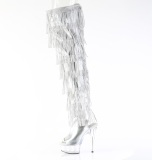 Silver 15 cm DELIGHT exotic overknee platstvlar med strass fransar