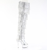 Silver 15 cm DELIGHT exotic overknee platstvlar med strass fransar